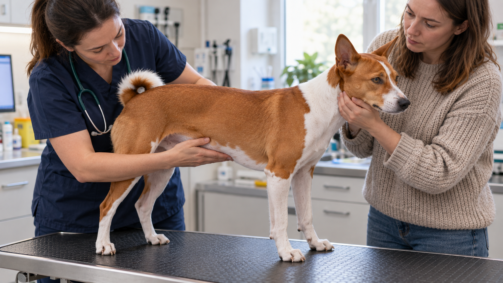 Veterinárka zboku vyšetruje brucho stojaceho psa